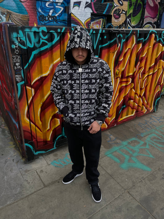 All Over “Take It Flip It Stash It” Zip Up Hoodie