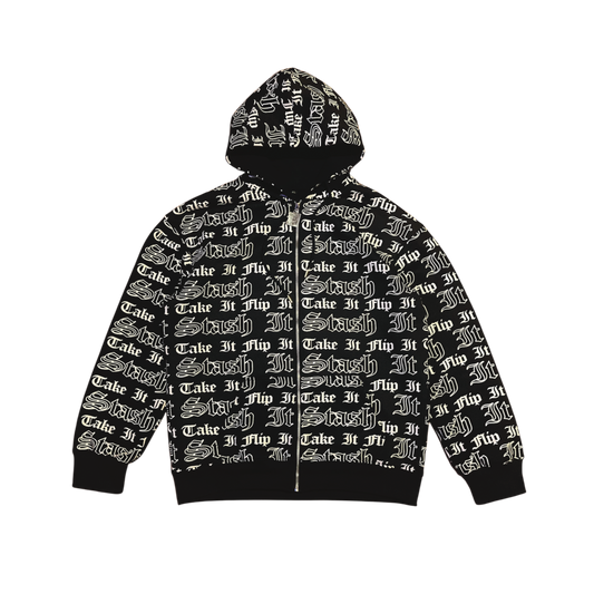 All Over “Take It Flip It Stash It” Zip Up Hoodie